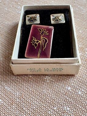 VTG Jules Perrier Enamel Jewelry Set Handmade Quebec MCM Floral Brooch Earrings